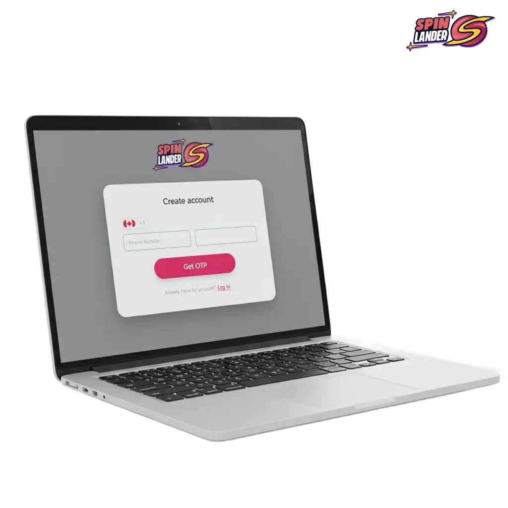 Spinlander signup, login, and verification flow for Canada, with mobile and web screens and welcome bonus details.